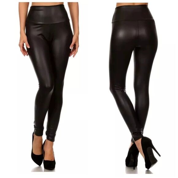 M & M Pants - Matte Faux Leather Comfort Waist Slimming Leggings Size Medium Large 7-11